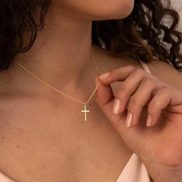 Women 04 Simple Cross Gold 14K Gold Silver Cross Necklace - Non Tarnish Jewelry - Picture 3 of 8